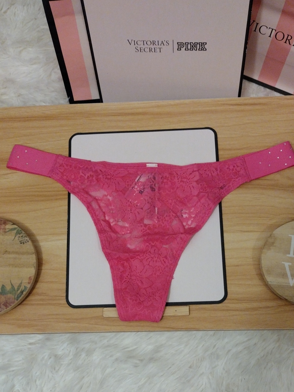 PINK Victoria's Secret Hot Pink Shine Lace Thong 🆕
